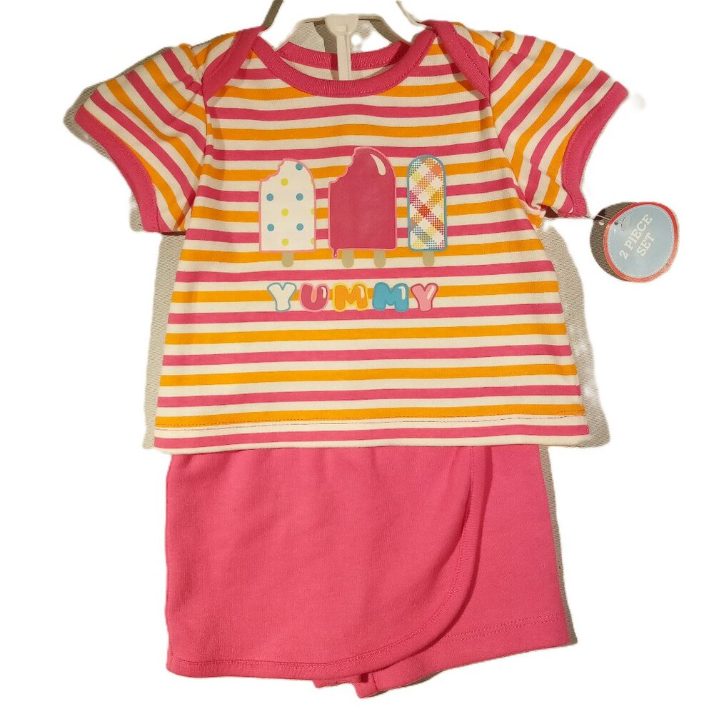 Small Wonders 0/3 Months 2 pc Summer Set  YUMMY Ice Cream Stripe Pink Skort  NWT